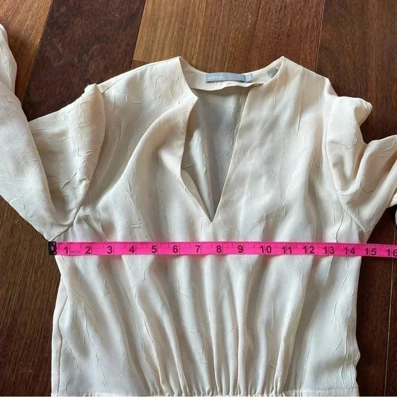 Vince Poet Long Sleeve Dress in Sandalwood Beige Textured Sheer Asymmetrical Hem - Picture 14 of 16